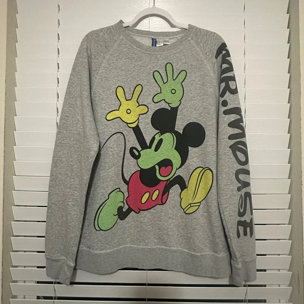 Disney H&M Divided Mickey Mouse Sweatshirt Gray Neon Graphic Pullover XL Mens